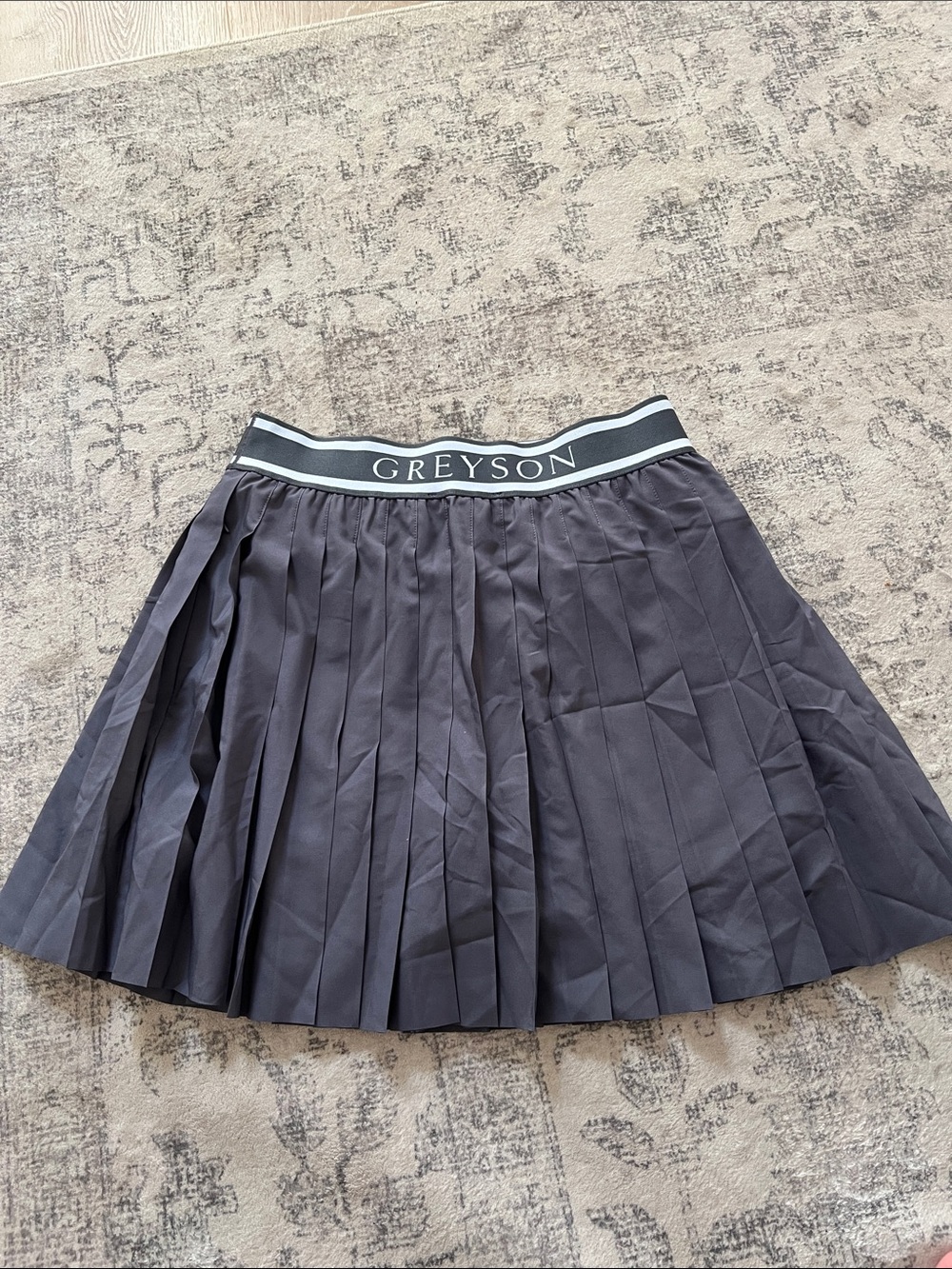 Greyson Pleated Women's Skirt in Dark Gray with Striped Waistband - Picture 2 of 4